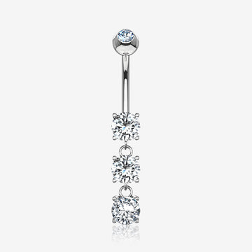 14 Karat White Gold Brilliant Triple Dangle Sparkle Multi-Gem Belly Button Ring-Clear Gem